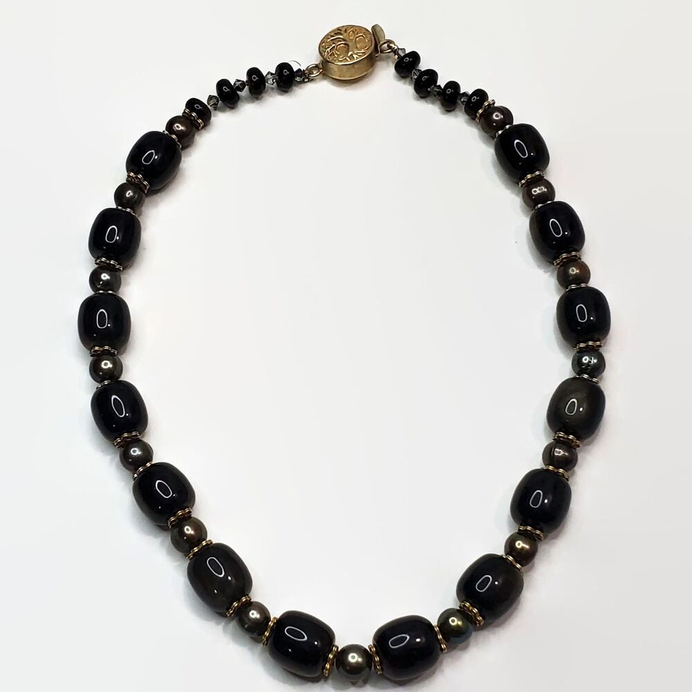 Black Tiger's Eye And Peacock Potato Pearl Necklace With Gold Over Sterling Silv